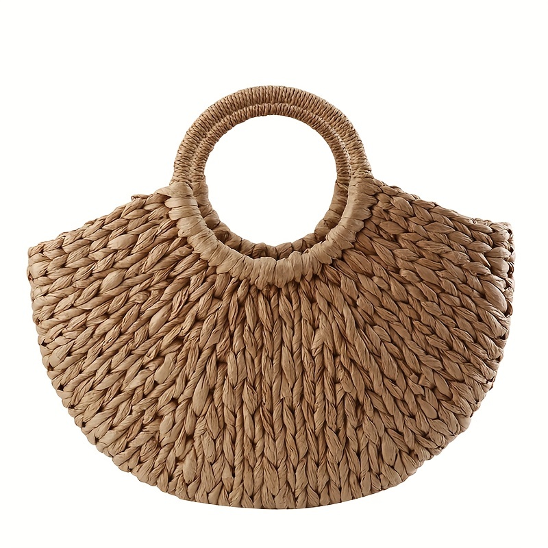 casual semicircle straw woven handbag handmade rattan woven basket details 1