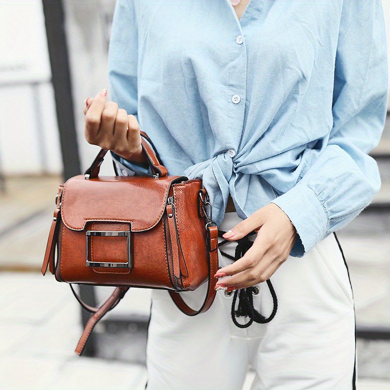 retro style crossbody bag, retro style crossbody bag small buckle decor handbag womens top handle square purse details 1