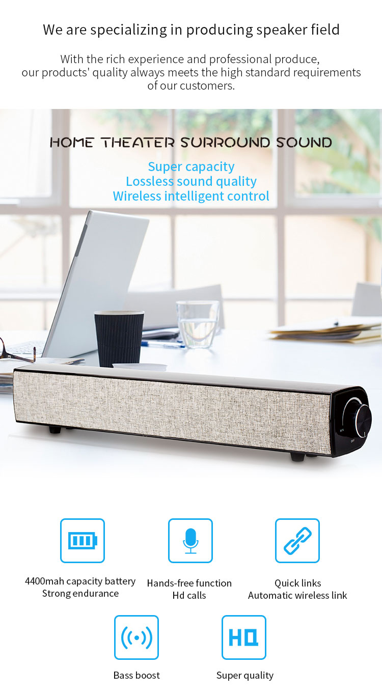 Front view of portable wireless soundbar and subwoofer